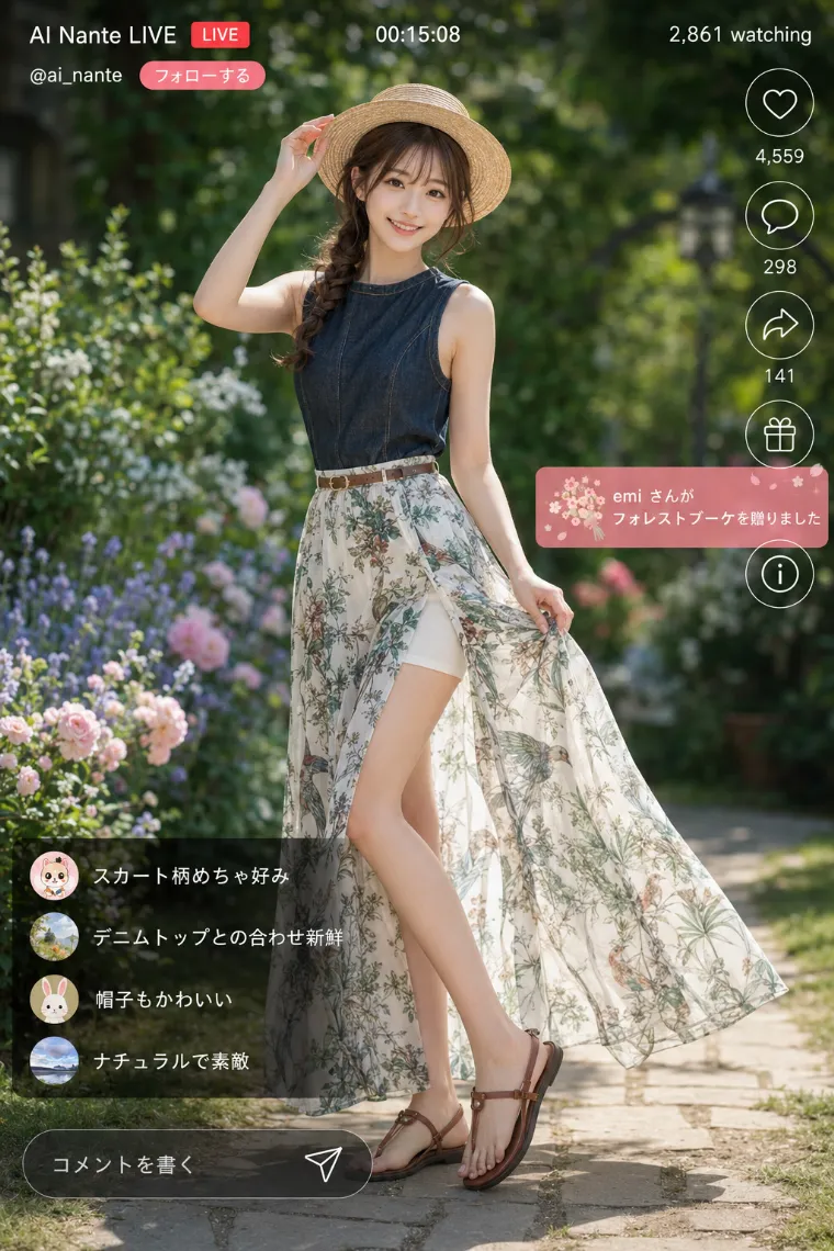 実写AI美女版|ダークネイビーのデニムトップとボタニカル柄シフォンスカートの全身リゾートコーデ
