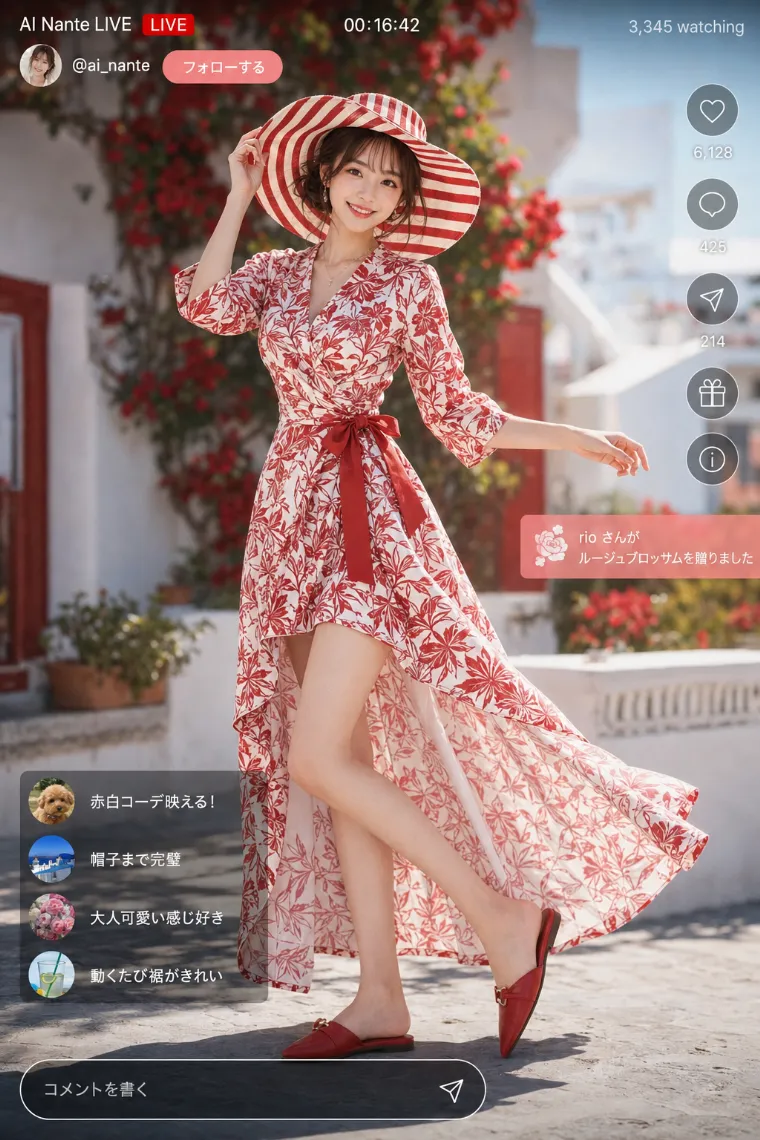 実写AI美女版|赤白ボタニカル柄のラップマキシドレスとワイドブリムハットの全身リゾートコーデ