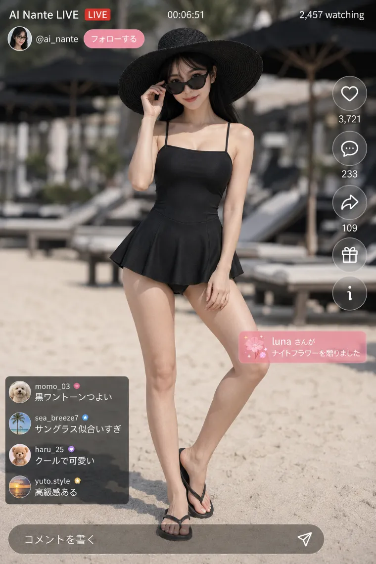 実写AI美女版|黒のフレアミニスカート付きワンピース水着とワイドブリムハットの全身リゾートコーデ