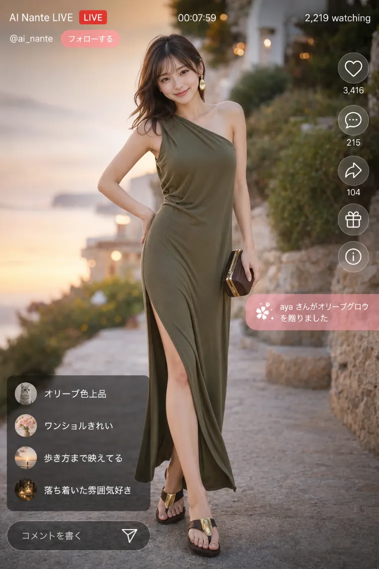 実写AI美女版|オリーブグリーンのワンショルダーマキシドレスと木製クラッチの全身コーデ