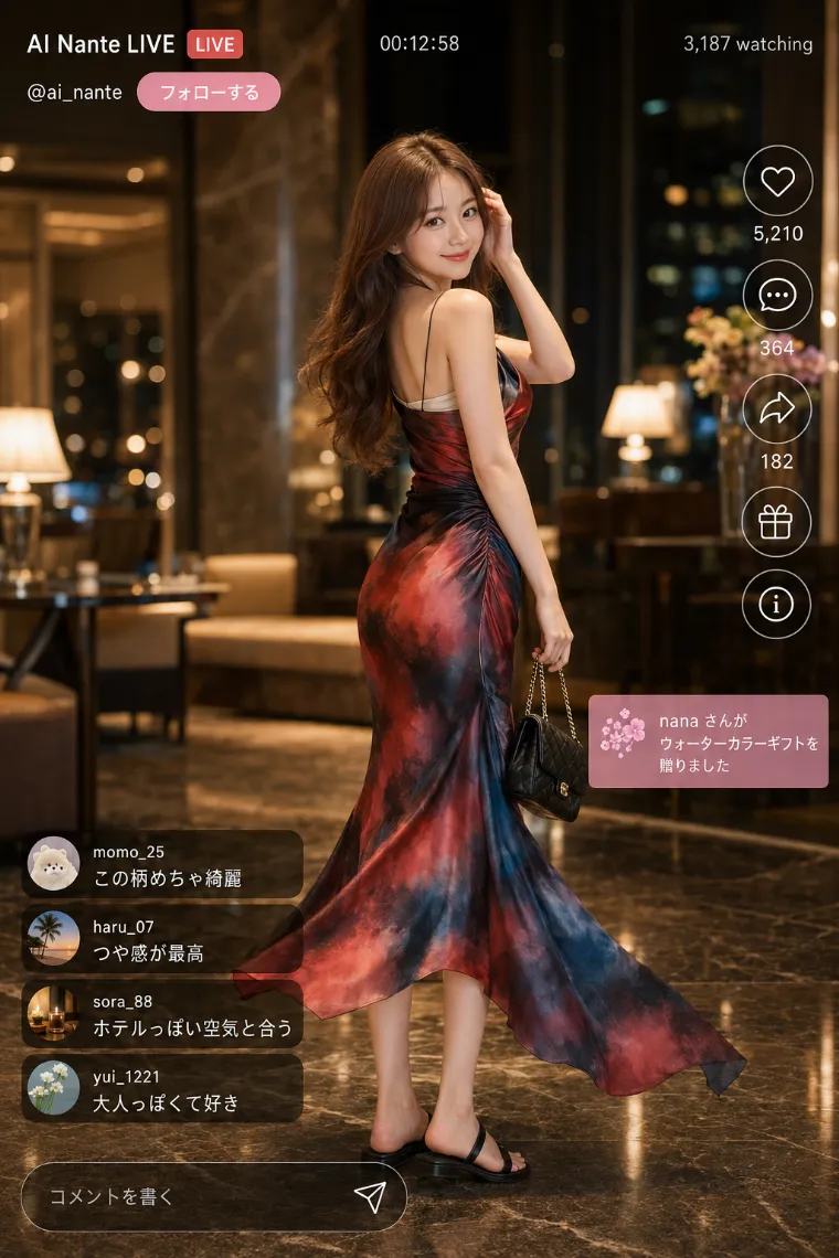 実写AI美女版|赤・黒・青の水彩グラデーション柄サテンマキシドレスの全身リゾートコーデ