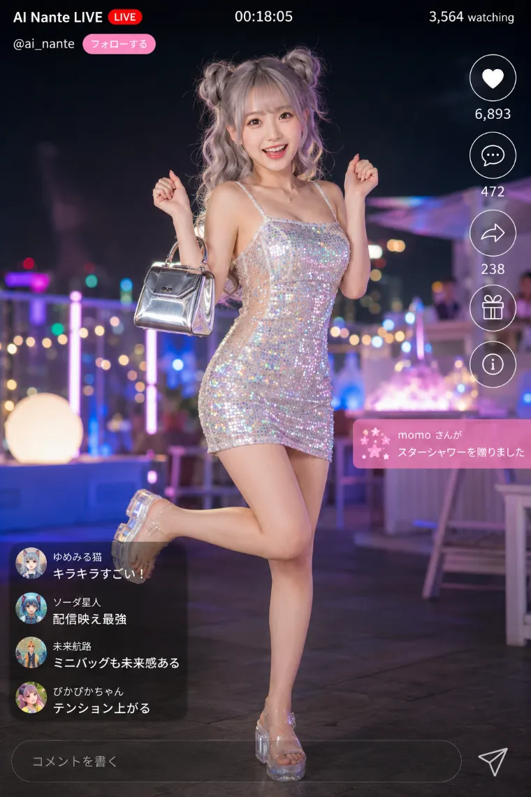 実写AI美女版|ホログラフィックスパンコールのキャミソールミニドレスとクリア厚底サンダルの全身コーデ