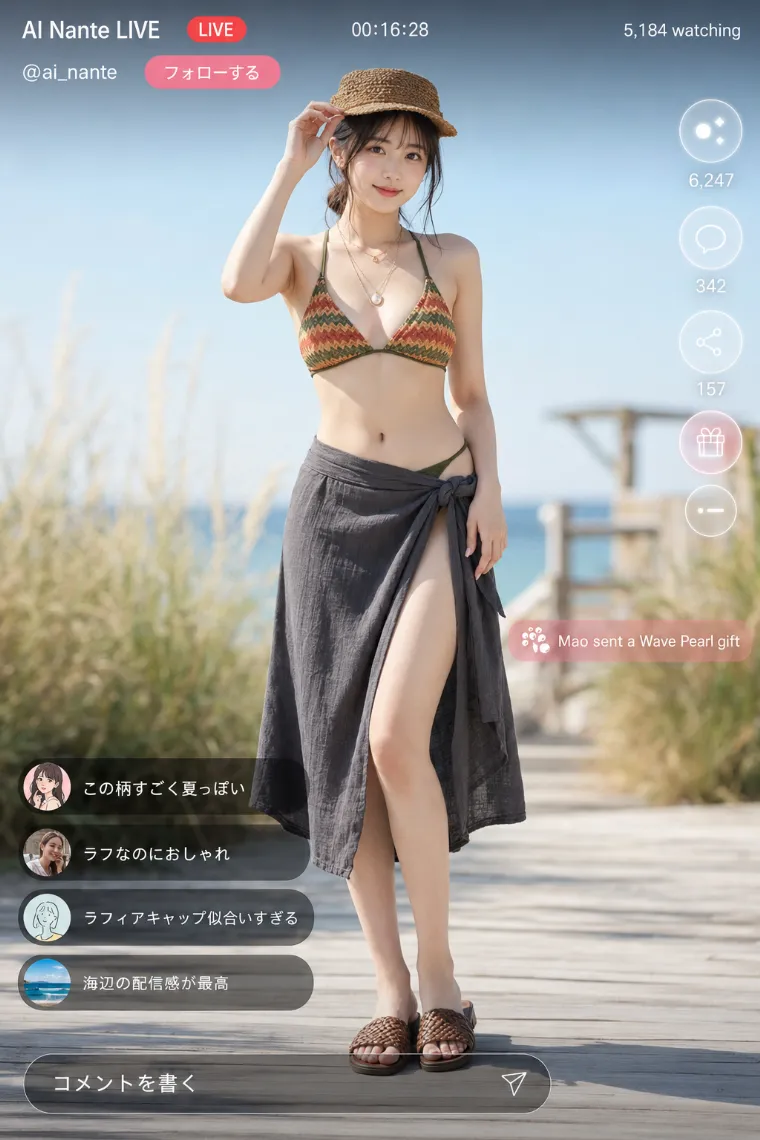 実写AI美女版|ウェーブ柄ビキニにチャコールグレーの膝下ラップスカートを合わせた全身リゾートコーデ