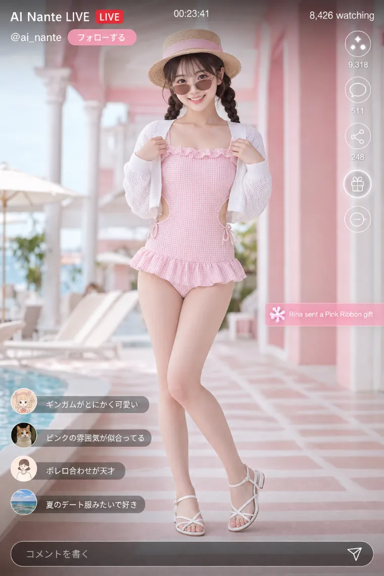 実写AI美女版|ペールピンクのギンガム水着に白いポイントエルニットボレロを重ねた全身リゾートコーデ
