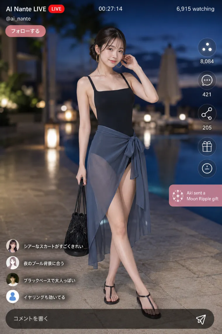 実写AI美女版|黒のワンピース水着にスモーキーブルーのシアーラップスカートを重ねた全身リゾートコーデ