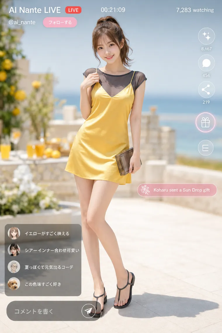 実写AI美女版|トパーズイエローのサテンミニドレスにチャコールグレーのシアートップを重ねた全身コーデ