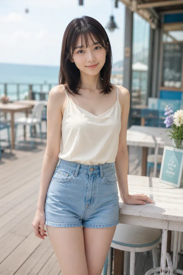 肩とデコルテを肌見せしたアイボリーのキャミソールとライトブルーのデニムショートパンツ｜プロンプト紹介用のAI画像