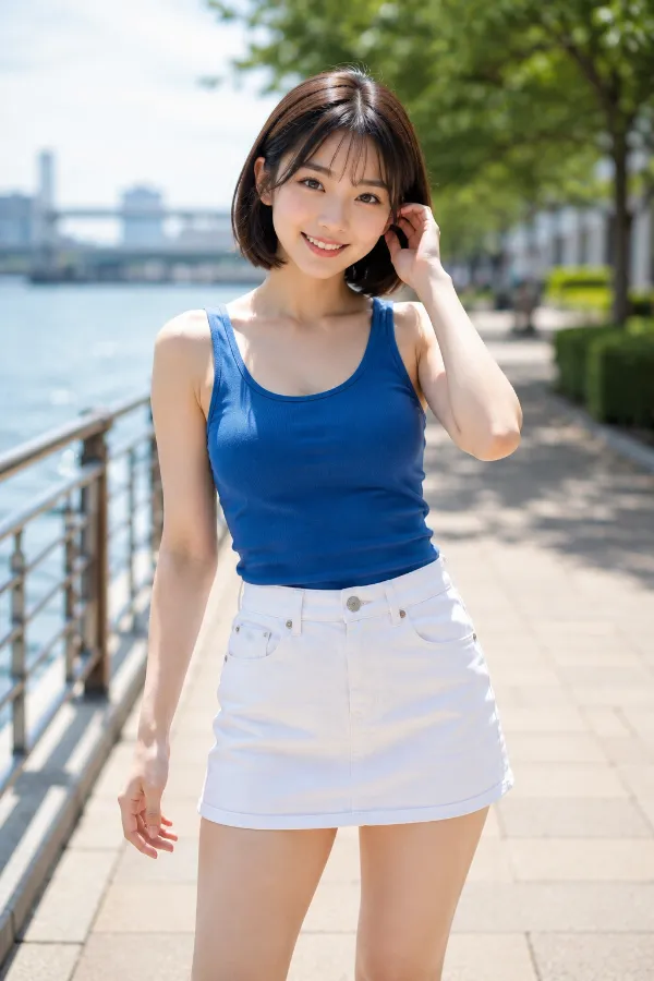 肩と腕を肌見せしたコバルトブルーのタンクトップと白のデニムミニスカート｜プロンプト紹介用のAI画像
