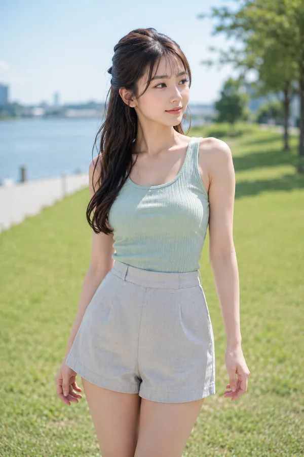肩と腕が見えるミントグリーンのリブタンクトップとライトグレーのハイウエストショートパンツ｜プロンプト紹介用のAI画像