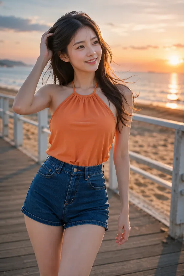 両肩と背中を肌見せしたオレンジのホルターネックトップと濃紺のデニムショートパンツ｜プロンプト紹介用のAI画像