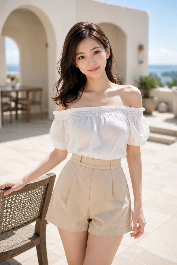 両肩とデコルテを露出した白のオフショルダートップスとベージュのハイウエストショートパンツ｜プロンプト紹介用のAI画像