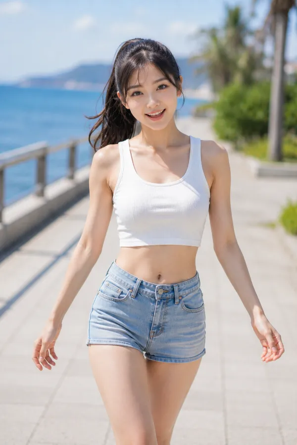 肩とお腹を肌見せした白のクロップドタンクトップとライトブルーのデニムショートパンツ｜プロンプト紹介用のAI画像