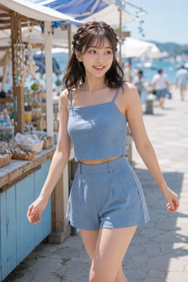 肩・お腹・脚を肌見せしたサックスブルーのキャミソールとショートパンツのセットアップ｜プロンプト紹介用のAI画像
