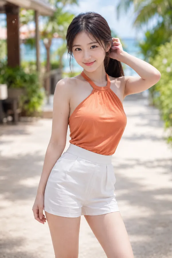 両肩と背中を肌見せしたオレンジのホルターネックトップスと白のショートパンツ｜プロンプト紹介用のAI画像