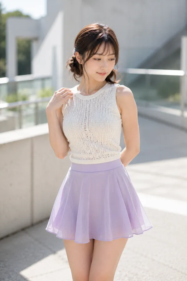 肩と腕が見えるアイボリーの透かし編みノースリーブニットとラベンダーのフレアミニスカート｜プロンプト紹介用のAI画像