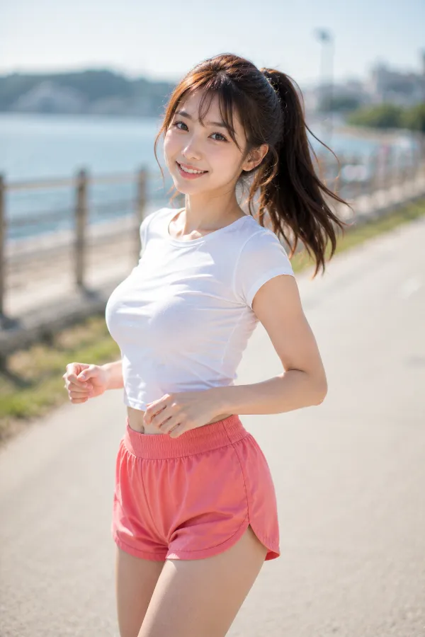 脚を大きく見せるコーラルピンクのランニングショーツと白のコンパクトTシャツ｜プロンプト紹介用のAI画像