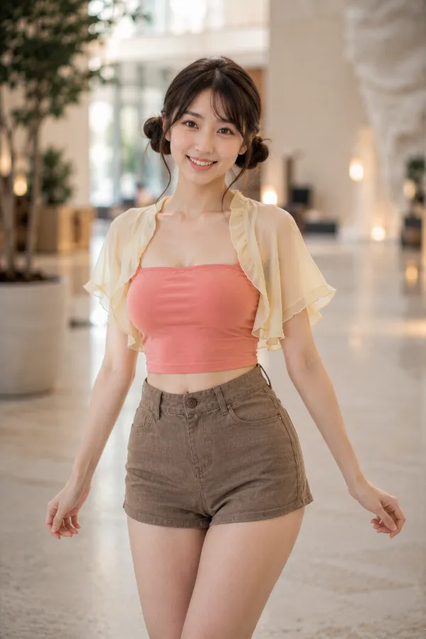 胸元とお腹を肌見せしたコーラルピンクのベアトップとペールイエローのボレロ｜プロンプト紹介用のAI画像