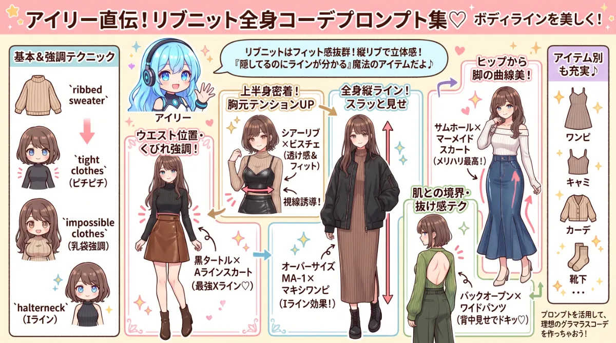 リブニットを使った全身コーデプロンプト集（ボディラインを美しく）のまとめ用の図解イラスト（グラレコ）