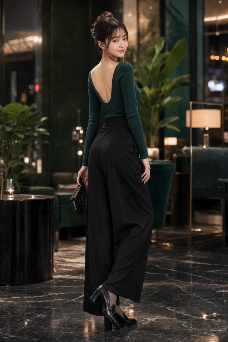 実写AI美女版｜ボトルグリーンのバックオープンリブニットに黒のワイドパンツを合わせたコーデ