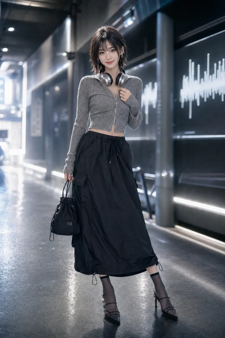 実写AI美女版｜ヘザーグレーのハーフジップリブニットに黒のロングカーゴスカートを合わせたコーデ