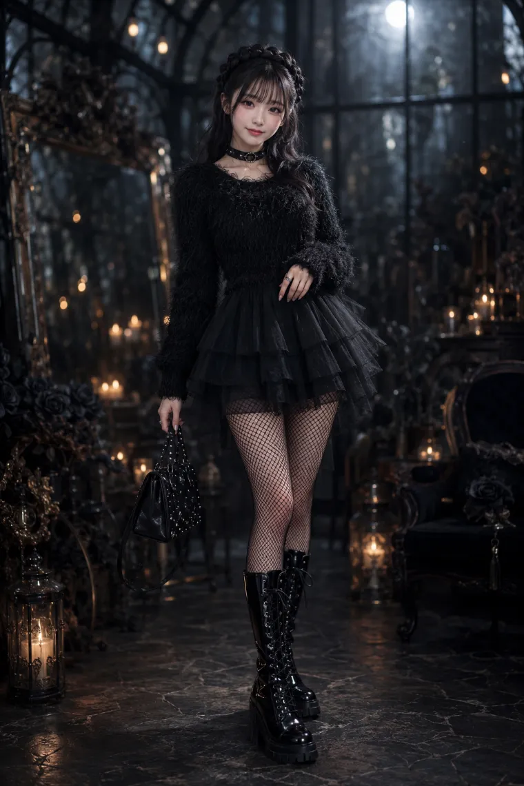 実写AI美女版｜黒のシャギーリブニットに黒のティアードチュールスカートを合わせたオールブラックコーデ