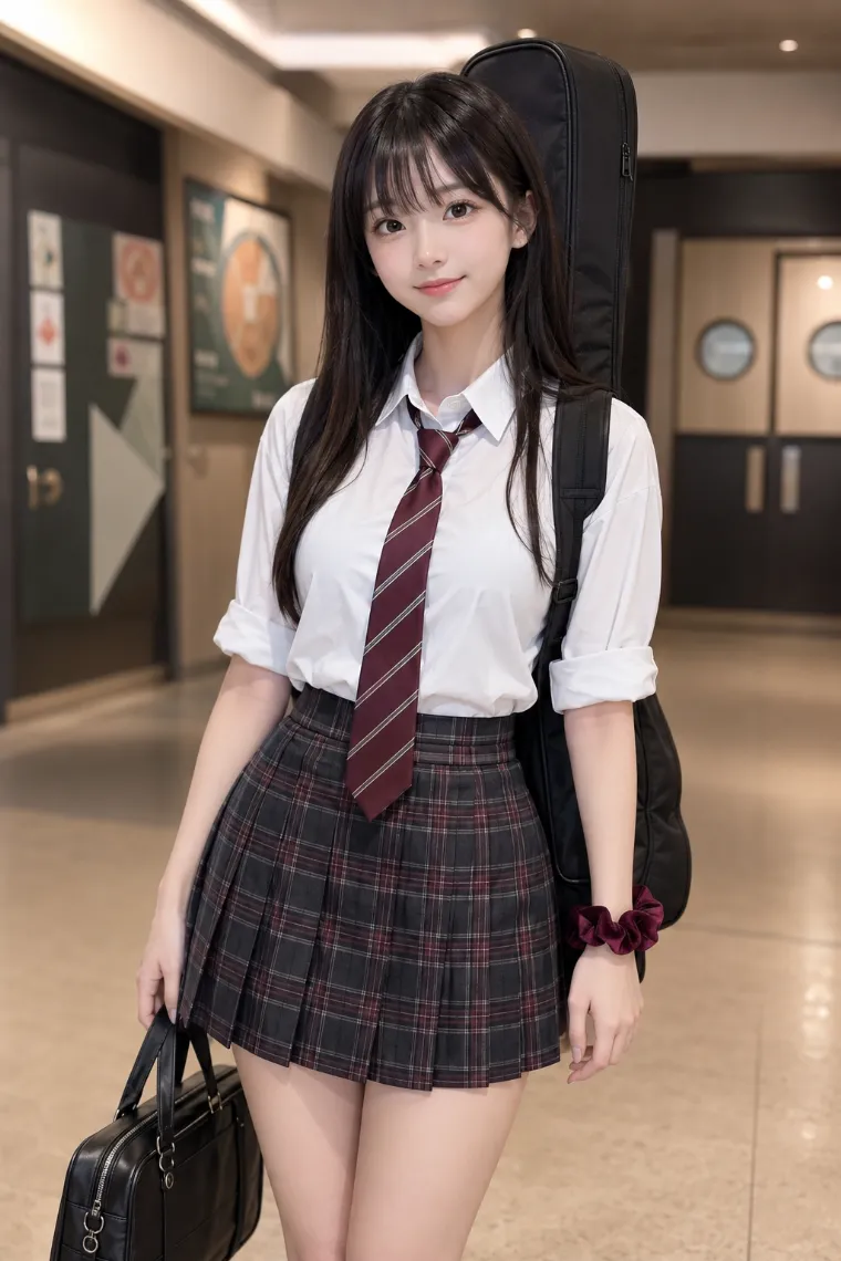 実写AI美女版｜白シャツとボルドーネクタイ、プレイド柄プリーツミニを合わせた肘上ロールの腕まくりコーデ
