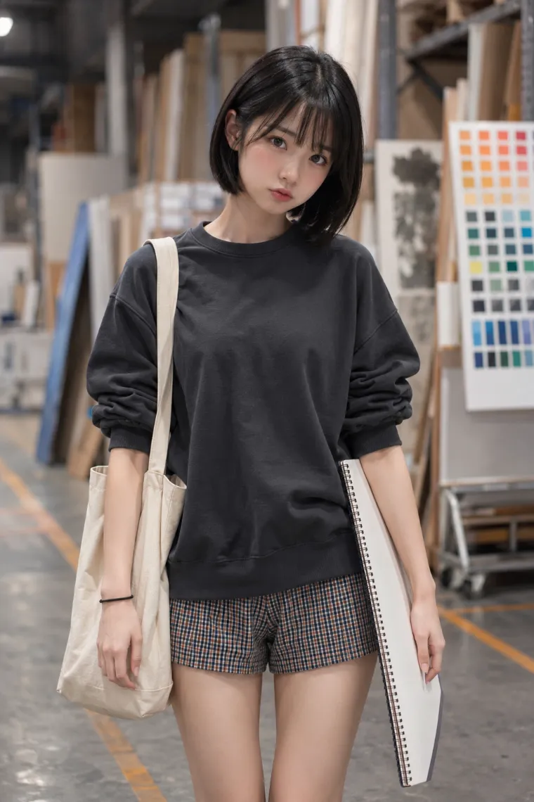 実写AI美女版｜チャコールのオーバーサイズスウェットを肘上まで腕まくりし、チェック柄ミニショーツを合わせたコーデ
