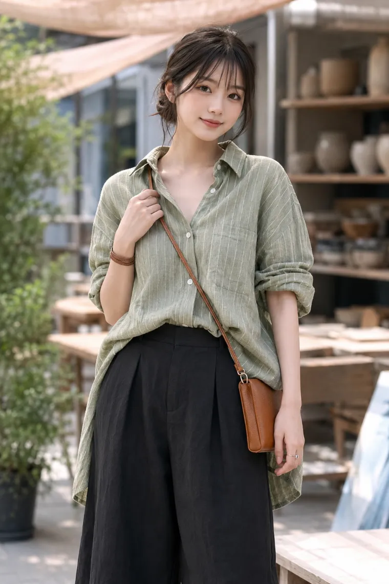 実写AI美女版｜セージのストライプリネンシャツを細く腕まくりし、黒のワイドパンツを合わせたコーデ