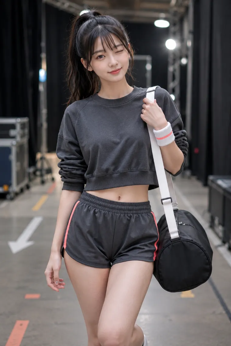 実写AI美女版｜グラファイトのクロップドスウェットを前腕まで腕まくりし、ミニトラックショーツを合わせたコーデ