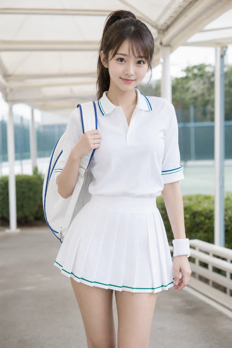 実写AI美女版｜白の長袖ポロを肘下で腕まくりし、白のプリーツミニスコートを合わせたコーデ