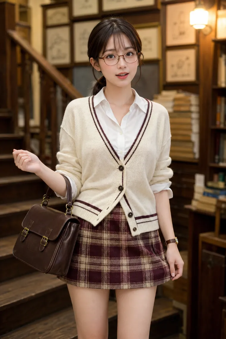 実写AI美女版｜白シャツとチルデンカーディガンを一緒に腕まくりし、タータン柄ミニを合わせたコーデ