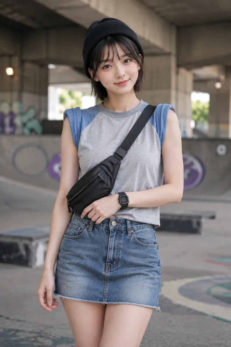 実写AI美女版｜グレーとブルーのラグランTを肩上まで腕まくりし、カットオフデニムミニを合わせたコーデ