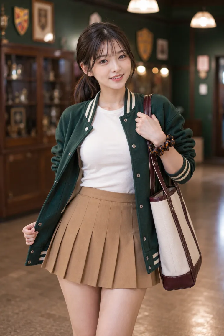 実写AI美女版｜深緑のスタジャンを前腕まで腕まくりし、キャメルのプリーツミニを合わせたコーデ