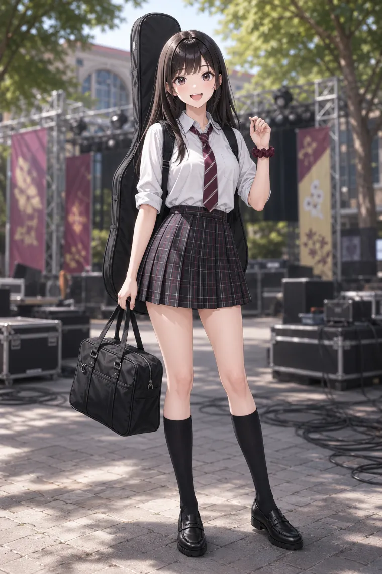 AIイラスト版｜白シャツとボルドーネクタイ、プレイド柄プリーツミニを合わせた肘上ロールの腕まくりコーデ