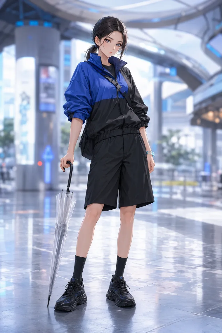 AIイラスト版｜コバルトと黒のナイロンジャケットを肘上まで腕まくりし、黒のワイドバミューダを合わせたコーデ