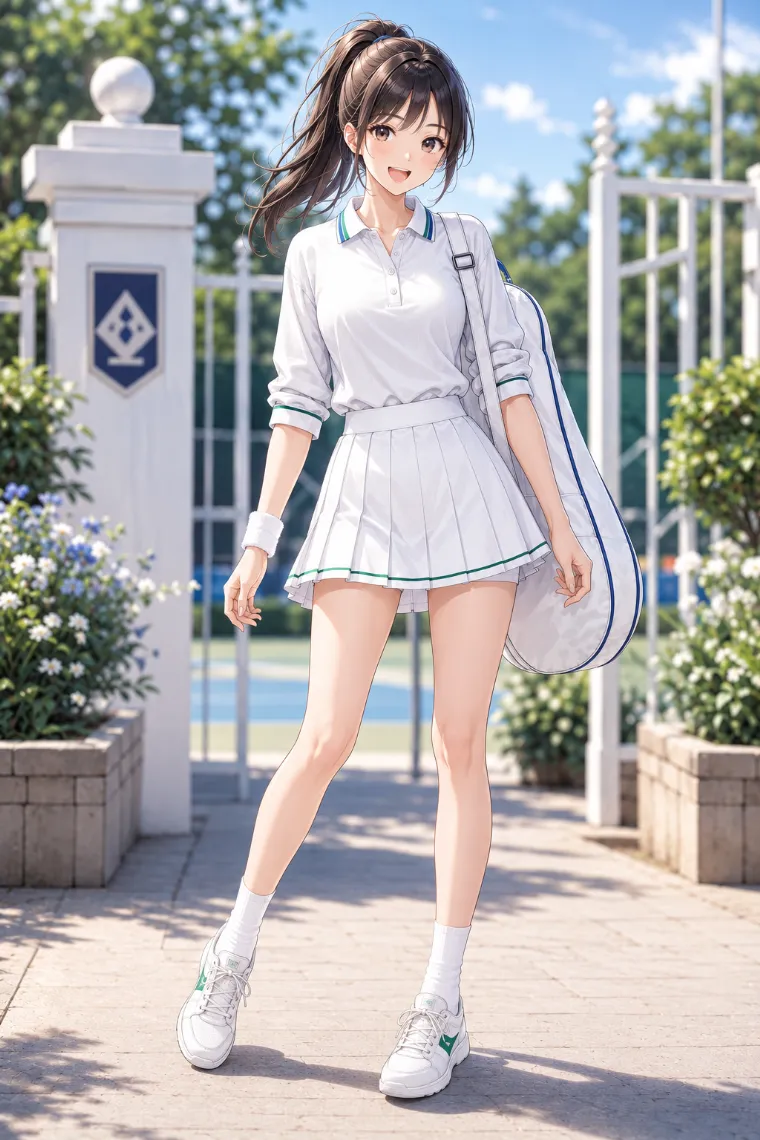 AIイラスト版｜白の長袖ポロを肘下で腕まくりし、白のプリーツミニスコートを合わせたコーデ