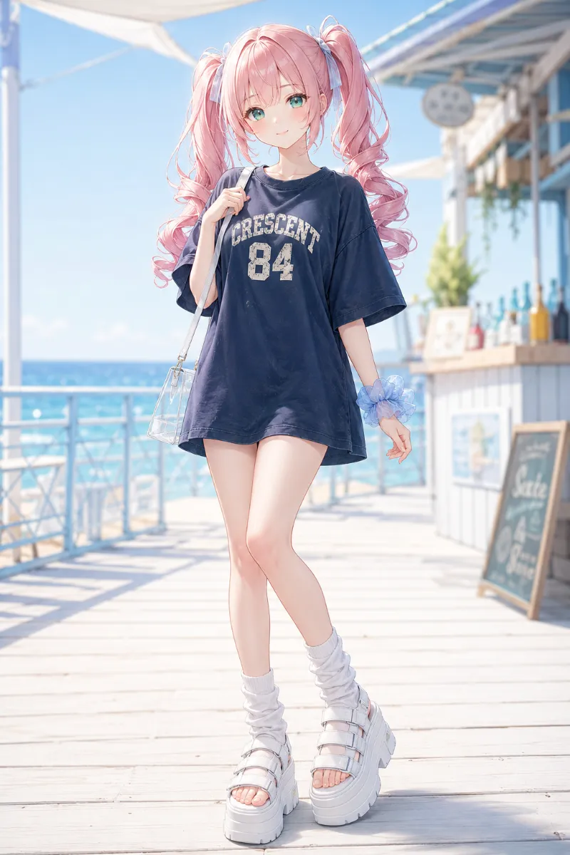 AIイラスト版|オーバーサイズのカレッジTシャツに白い厚底スポーツサンダルを合わせたコーデ