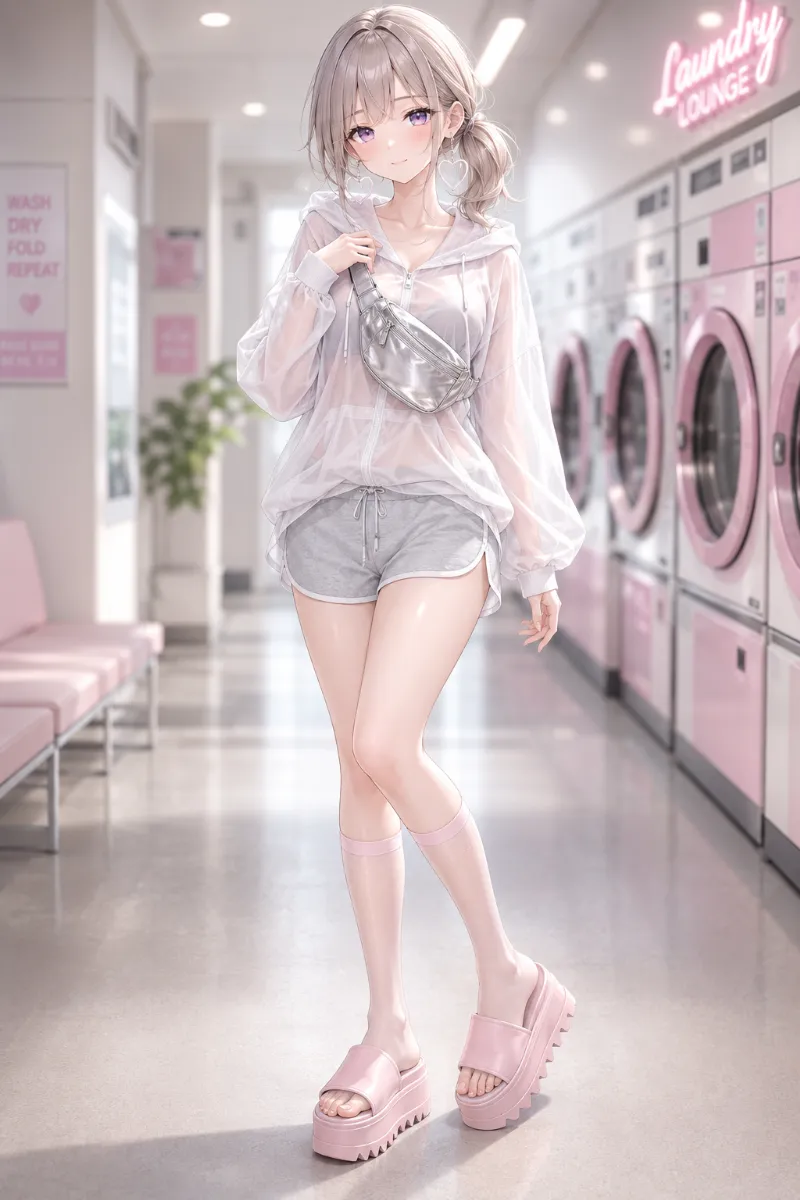 AIイラスト版|シアーパーカーとミニスウェットショーツに厚底シャワーサンダルを合わせたコーデ