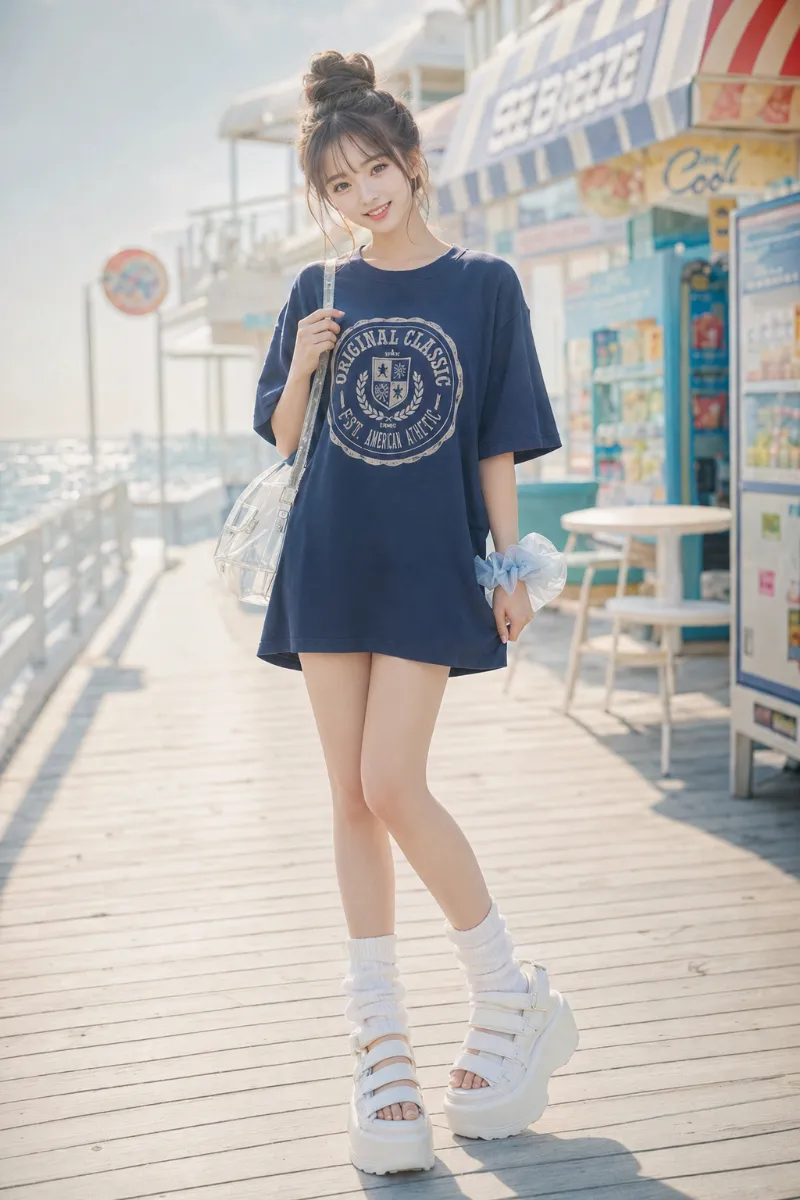 実写AI美女版|オーバーサイズのカレッジTシャツに白い厚底スポーツサンダルを合わせたコーデ