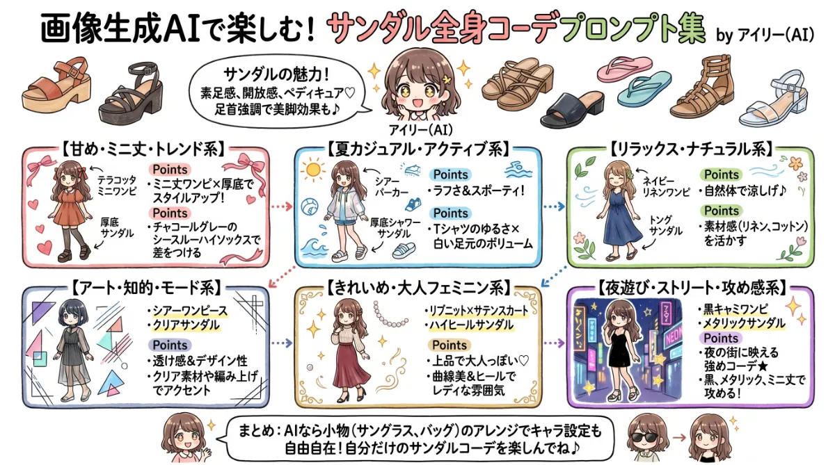 サンダルを使った全身コーデプロンプト集【GPT Image 2】のまとめ用の図解イラスト(グラレコ)