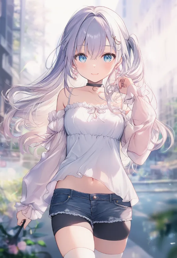 ショートパンツを重ねた着こなしのAIイラスト（プロンプト紹介用）