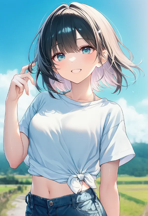 シャツの裾を横で結んだ着こなしのAIイラスト（プロンプト紹介用）