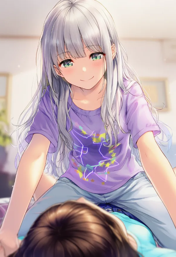 女性キャラクターが相手の体の上に座るポーズのAIイラスト