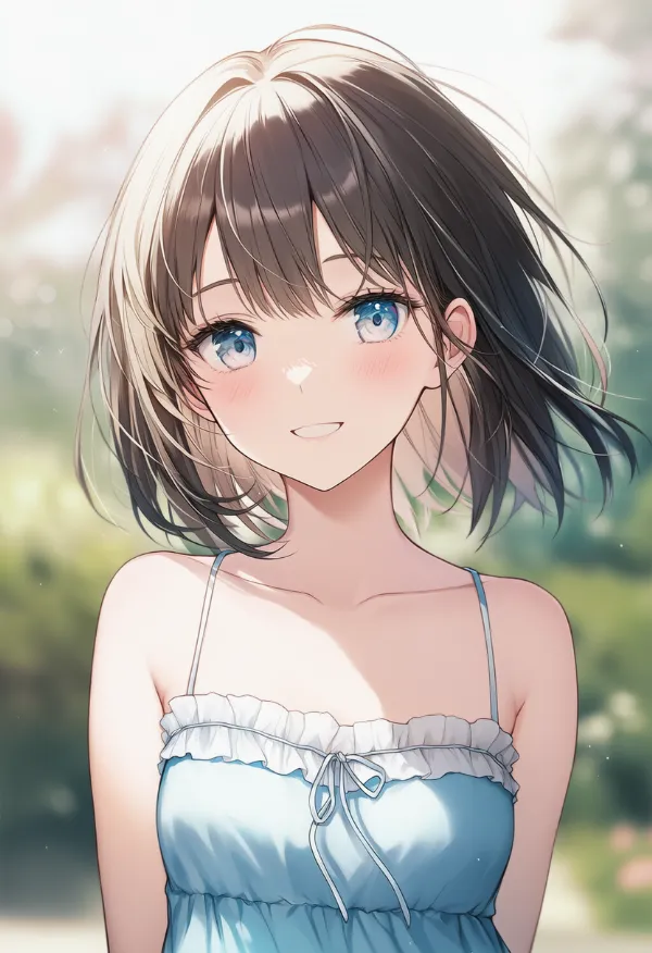 細い肩紐の服のAIイラスト（プロンプト紹介用）