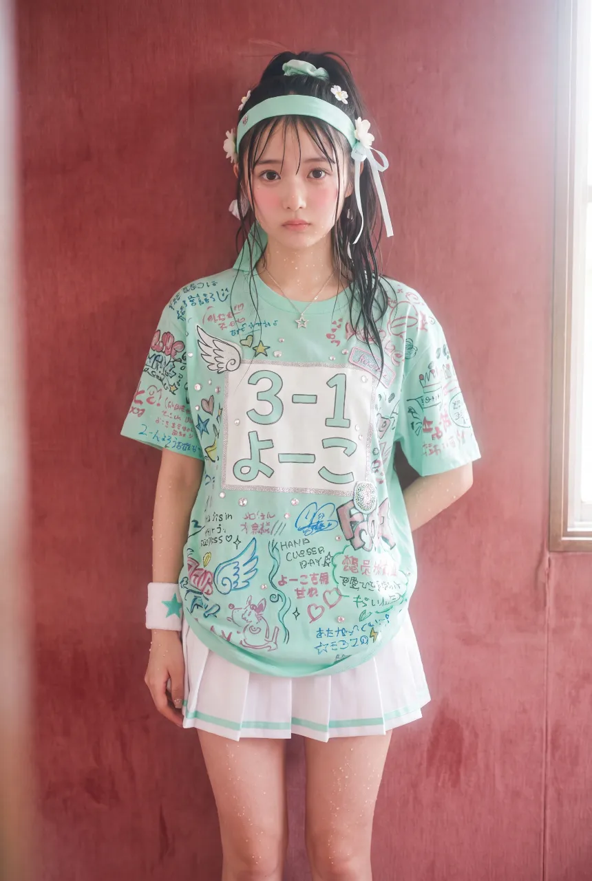 クラスTシャツを着た美女のアート・ポートレート風のAI画像（Nano Banana Pro）