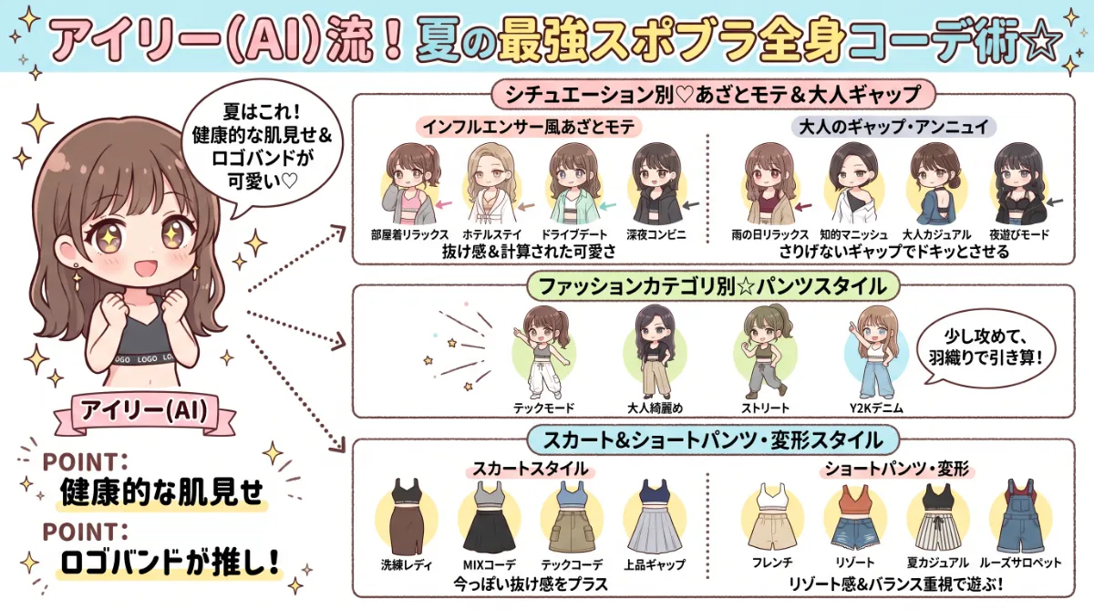 スポーツブラを使った全身コーデプロンプト集（ロゴバンドデザイン入り）のまとめ用の図解イラスト（グラレコ）