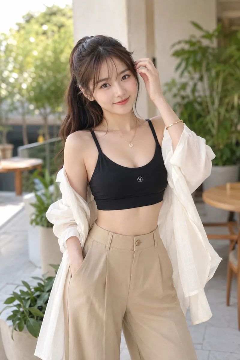 実写AI美女版｜黒のスポブラにシアーリネンシャツとベージュワイドスラックスを合わせた綺麗めコーデ