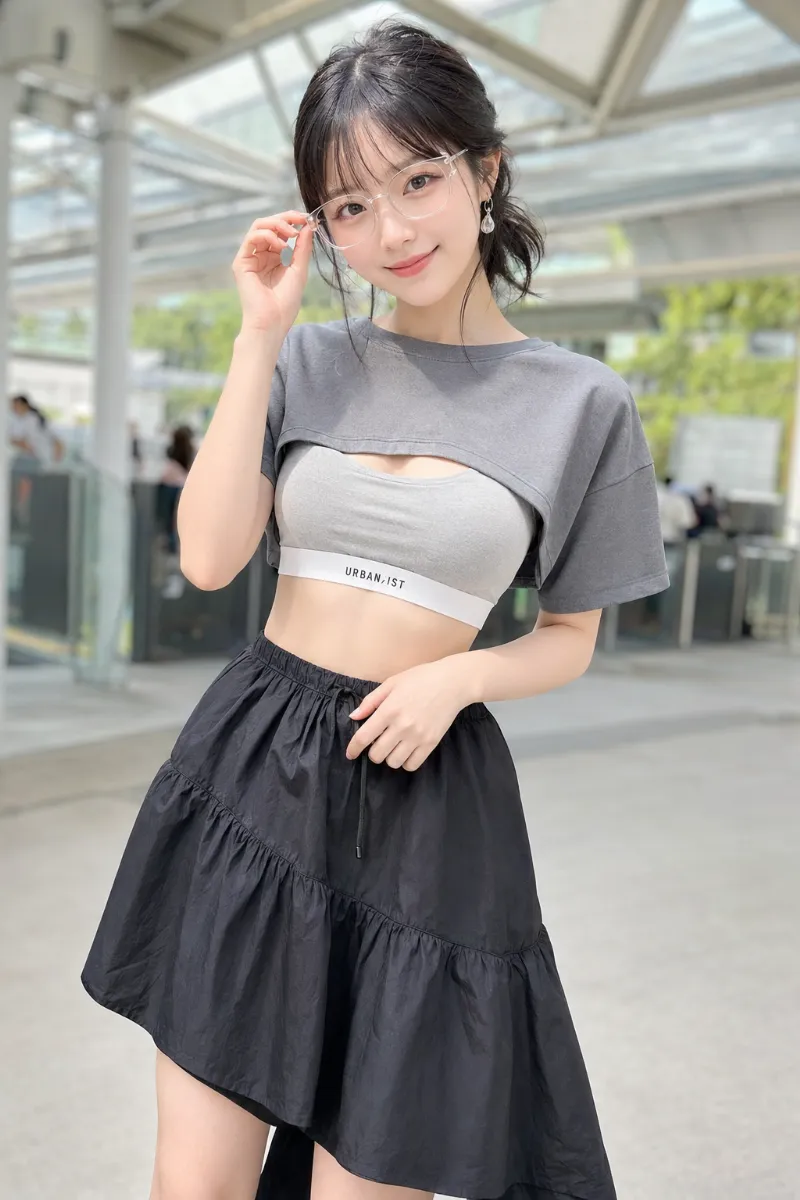 実写AI美女版｜グレーのスポブラに半袖スウェットと黒ナイロンスカートを合わせたMIXコーデ
