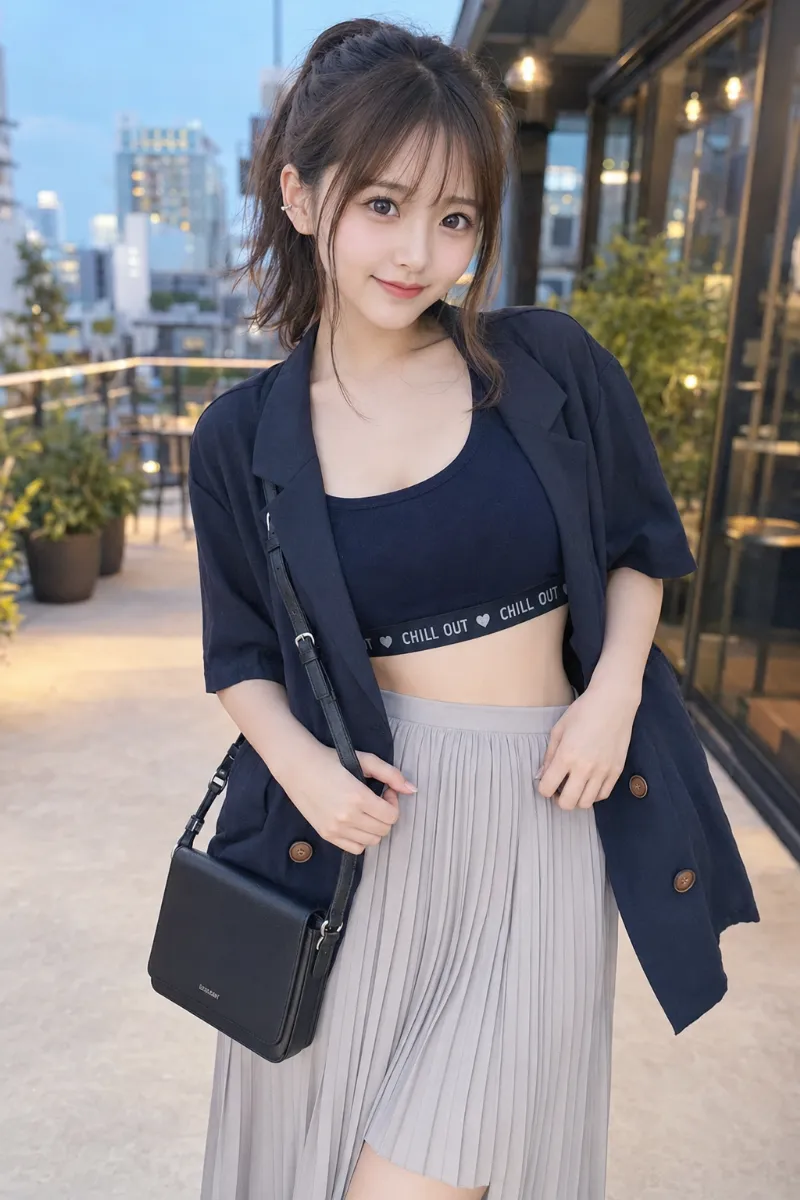 実写AI美女版｜ネイビーのスポブラにリネンジャケットとライトグレーのプリーツスカートを合わせた上品ギャップコーデ
