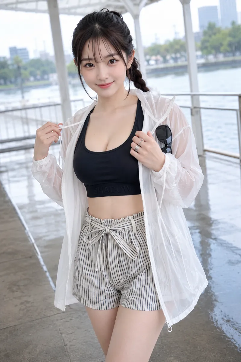 実写AI美女版｜黒のスポブラにシアーマウンテンパーカーとストライプリネンショーツを合わせた夏カジュアルコーデ